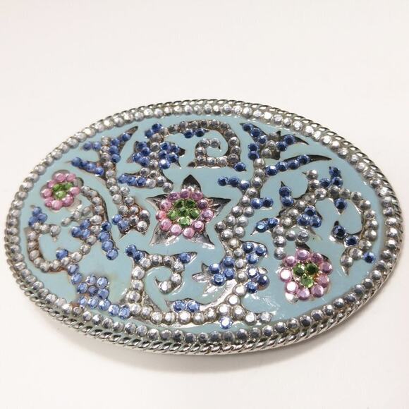 Vintage Belt Buckle. Blue Oval Flat Crystal Rhinestones, 2 3/4 Inches - Picture 8 of 9